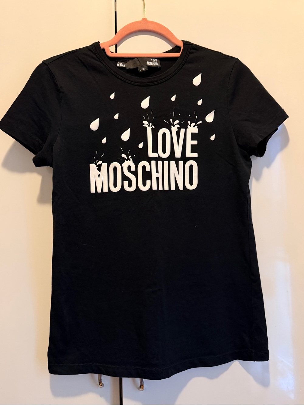 Love Moschino Black Tee with White Logo and Droplet Graphic